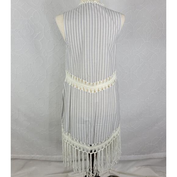Indigo Thread Co Vest XS Blue White Striped Duster Crochet Fringe Open Front - Picture 5 of 12